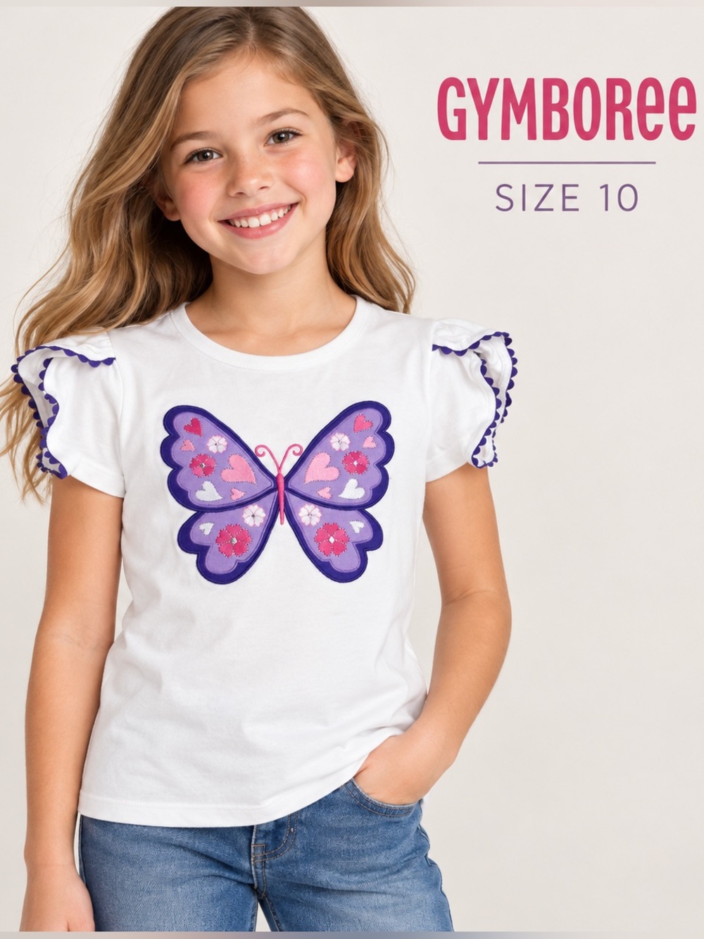 Gymboree Girls Size 10 Butterfly Appliqué White Ruffle Sleeve Top